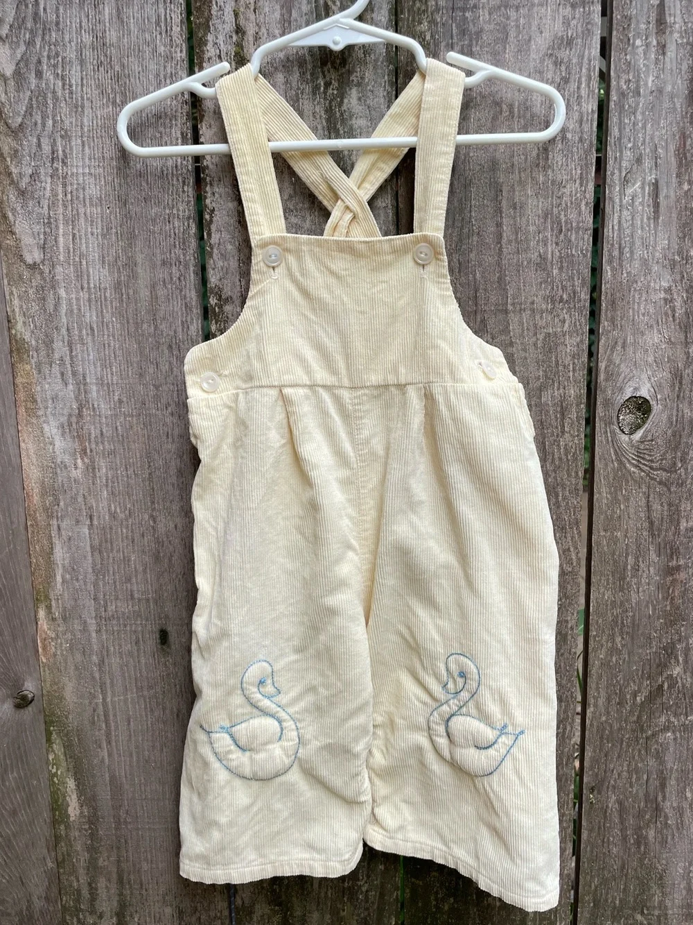 True vintage pale yellow Baby Corduroy 3-Piece Outfit with Swan Embroidery